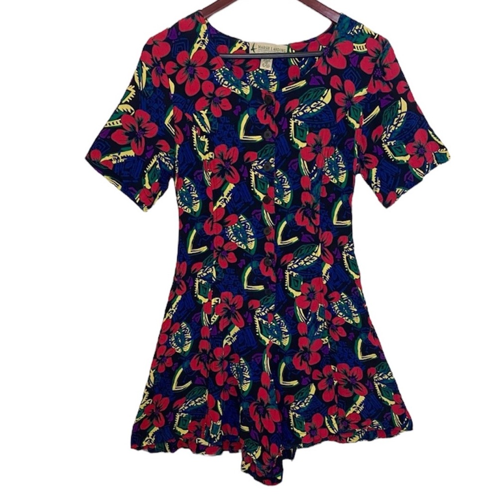 Vintage 90s Scoopneck Short Sleeve Button Down Romper in Black Hibiscus